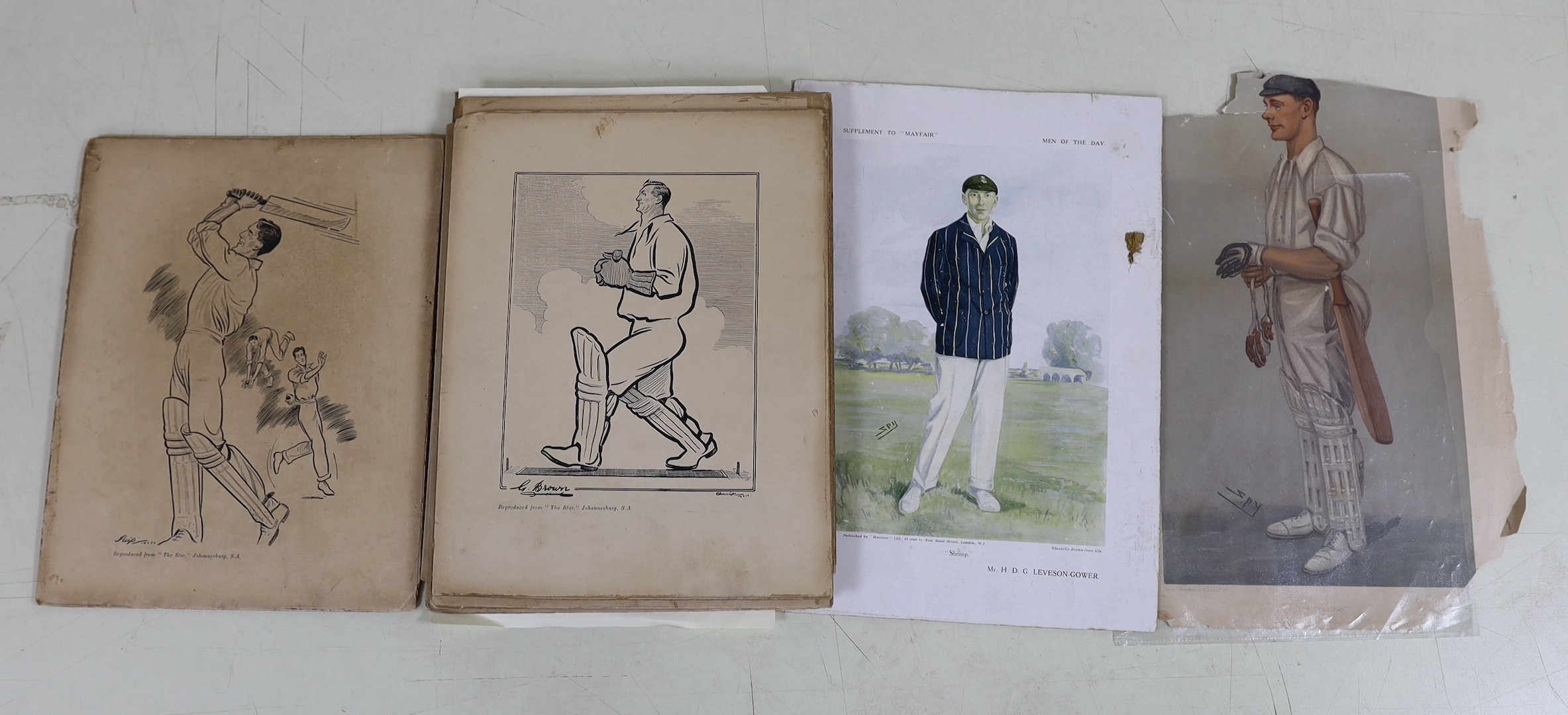 A group of assorted unframed cricketing prints, largest 36 x 26cm